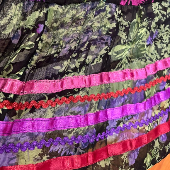 80s BOHO GYPSY MULTI-COLOR TIERED MAXI SKIRT TWEE FLORAL PAISLEY & RIBBON TRIM L - Picture 9 of 10